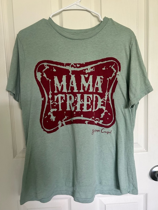 Bohemian Cowgirl Tops - Bohemian Cowgirl Mama Tried Short Sleeve Tee - Sage/Red